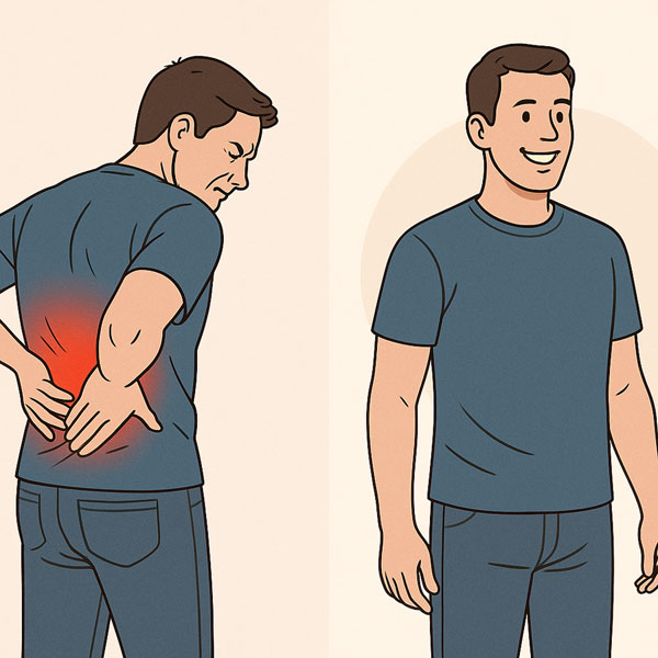 Before and after Robaxin treatment: man with lower back pain gaining relief and mobility